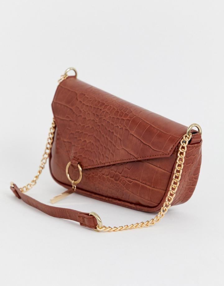 Asos Design Asymetric Croc Ring & Chain Shoulder Bag - Brown