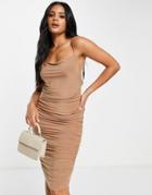 Femme Luxe Ruched Body-conscious Midi Dress In Tan-neutral