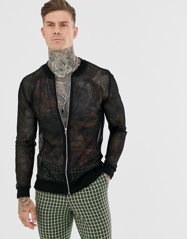 Asos Design Mesh Bomber Jacket In Black - Black