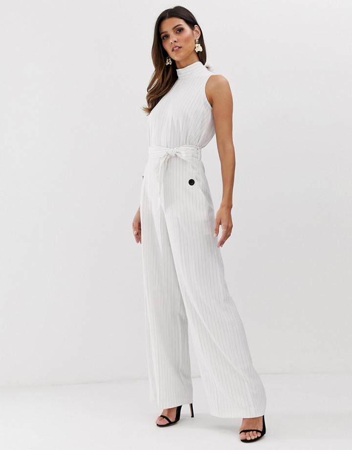 Closet London High Neck Sleeveless Jumpsuit In Cream Pinstripe - Cream