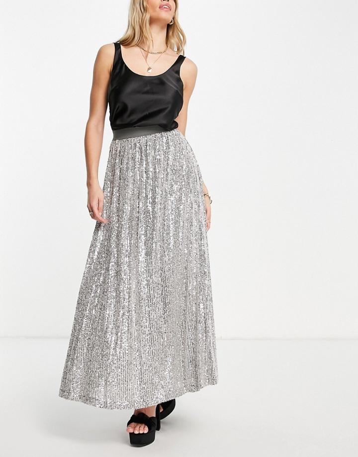 Asos Design Sequin Pleated Midi Skirt In Silver