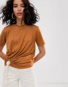 Asos Design T-shirt With Rope Trim Tie Side - Brown