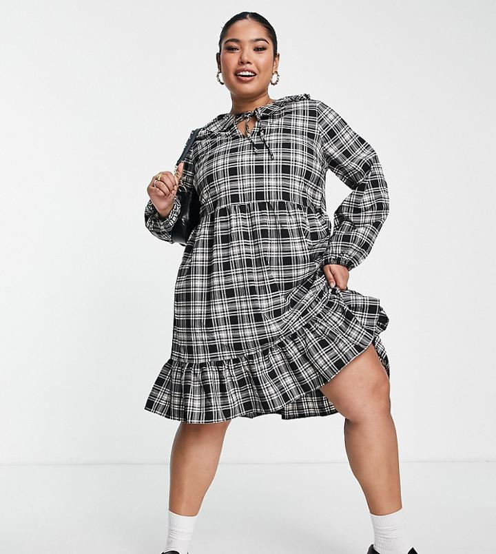 New Look Curve Frill Collar Smock Dress In Black Plaid