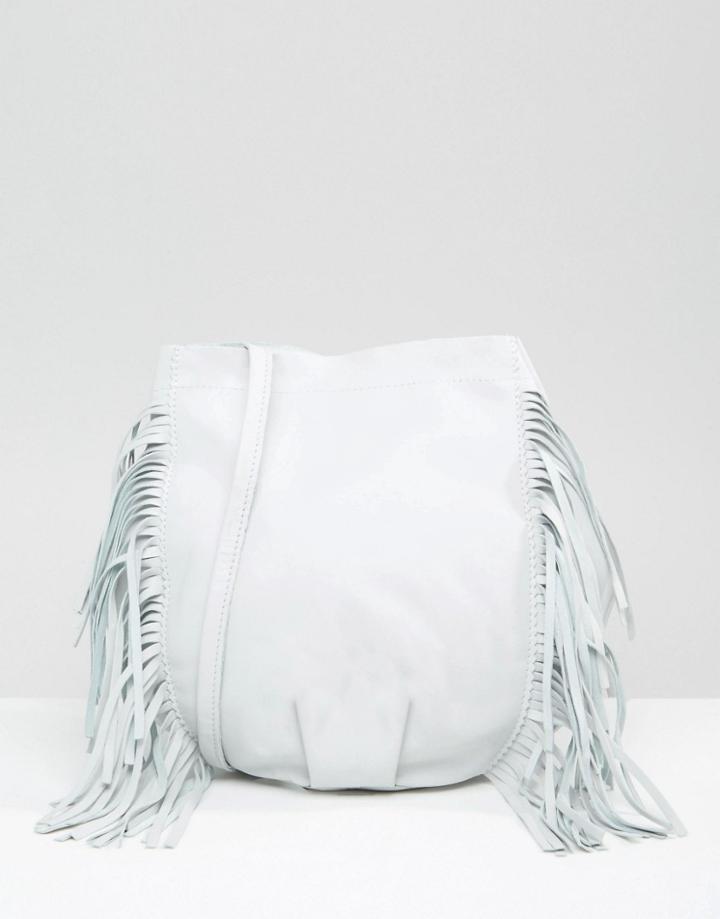 Mango Leather Fringed Bucket Bag - White