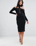 Ax Paris Crochet Detail Choker Neck Midi Dress - Black