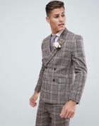 Asos Design Wedding Slim Double Breasted Suit Jacket In Camel Check - Brown