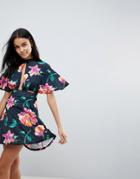 Love Choker Neck Floral Print Skater Dress - Multi