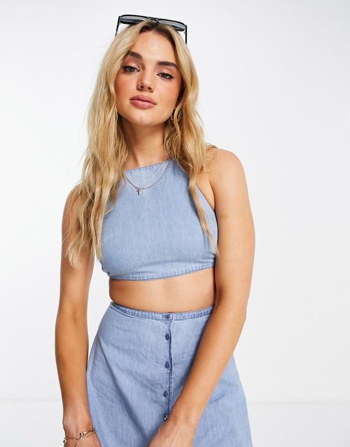 Asos Design Soft Denim Coordinating Crop Top In Mid Wash-blues