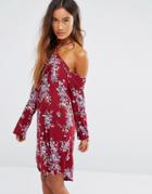 Young Bohemians Swing Dress With Cold Shoulder Halter Neck Detail - Red