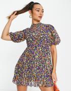 Asos Design High Neck Pleated Mini Dress With Puff Sleeve In Bright Floral Print-multi