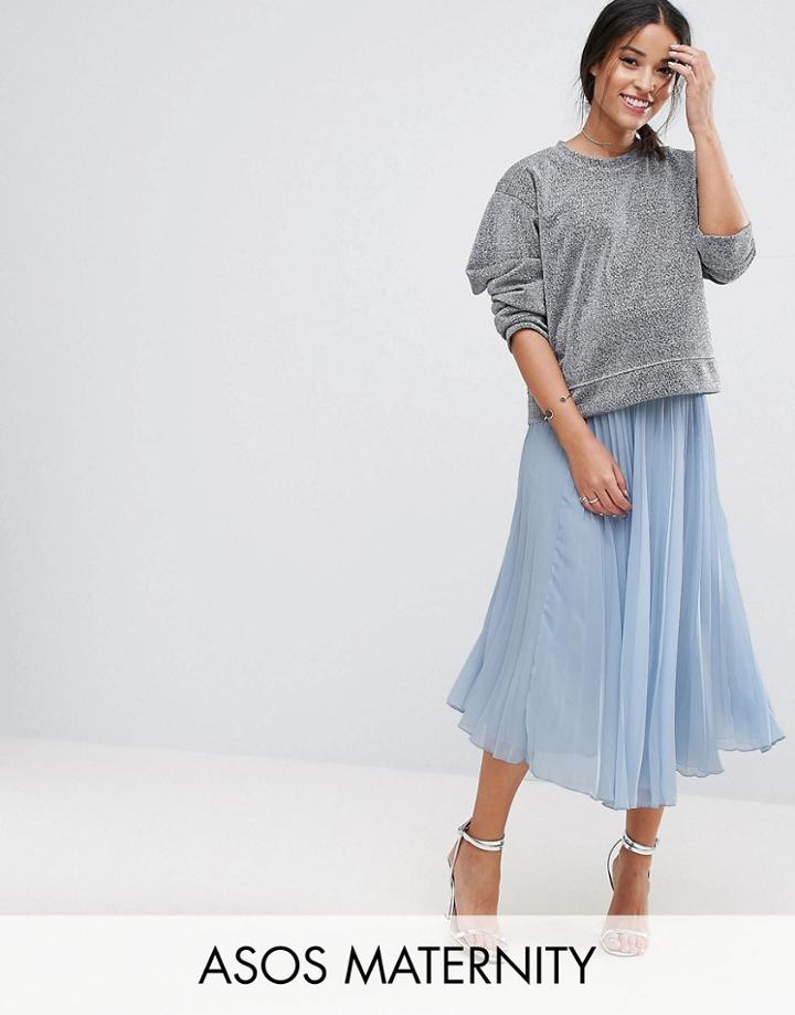 Asos Maternity Over The Bump Pleated Midi Skirt - Blue