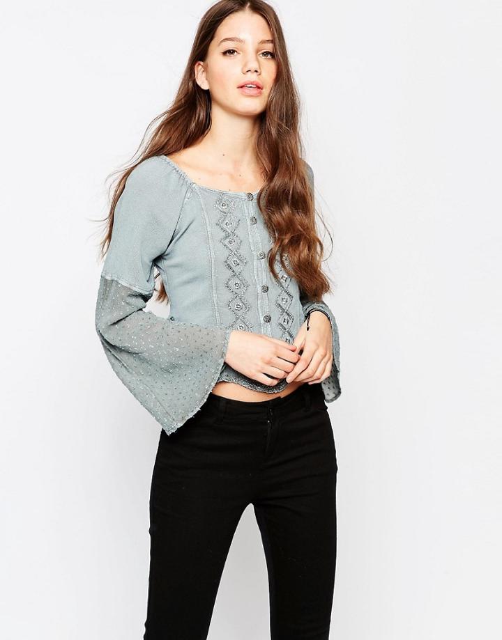 Brave Soul Denim Wash Long Sleeve Top With Embroidered Detail - Antique Blue