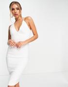 Vesper Plunge Midi Dress In Ivory-white