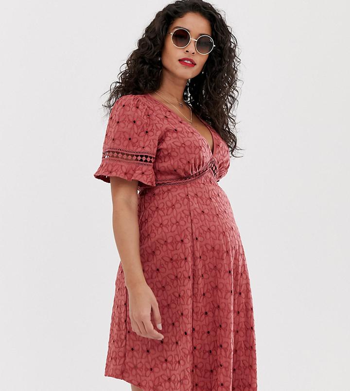 Asos Design Maternity Broderie Tea Dress With Woven Ladder Trim - Pink