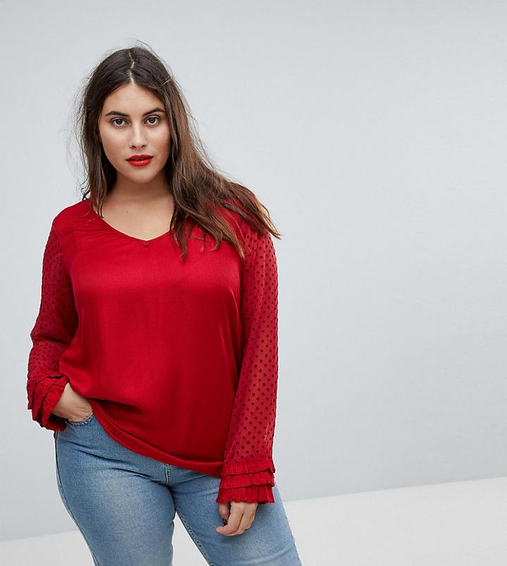 Junarose Sheer Spot Sleeve Top - Red