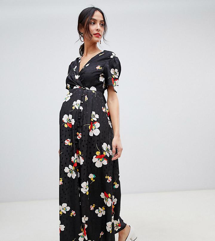 Asos Design Maternity Button Through Maxi Tea Dress In Floral Jacquard-multi
