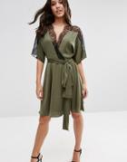 Asos Lace Back Dolphin Satin Mini Dress - Khaki