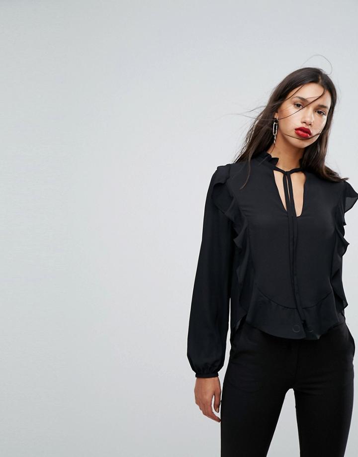 Mango Ruffle Tie Neck Blouse - Black