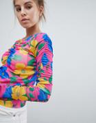 Asos Design Ruched Long Sleeve Top In Bright Floral Print - Multi