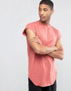 Asos Super Longline T-shirt With Cap Sleeve And Curved Hem In Pink - Pink