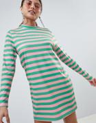 Prettylittlething Striped Logo T-shirt Dress - Green