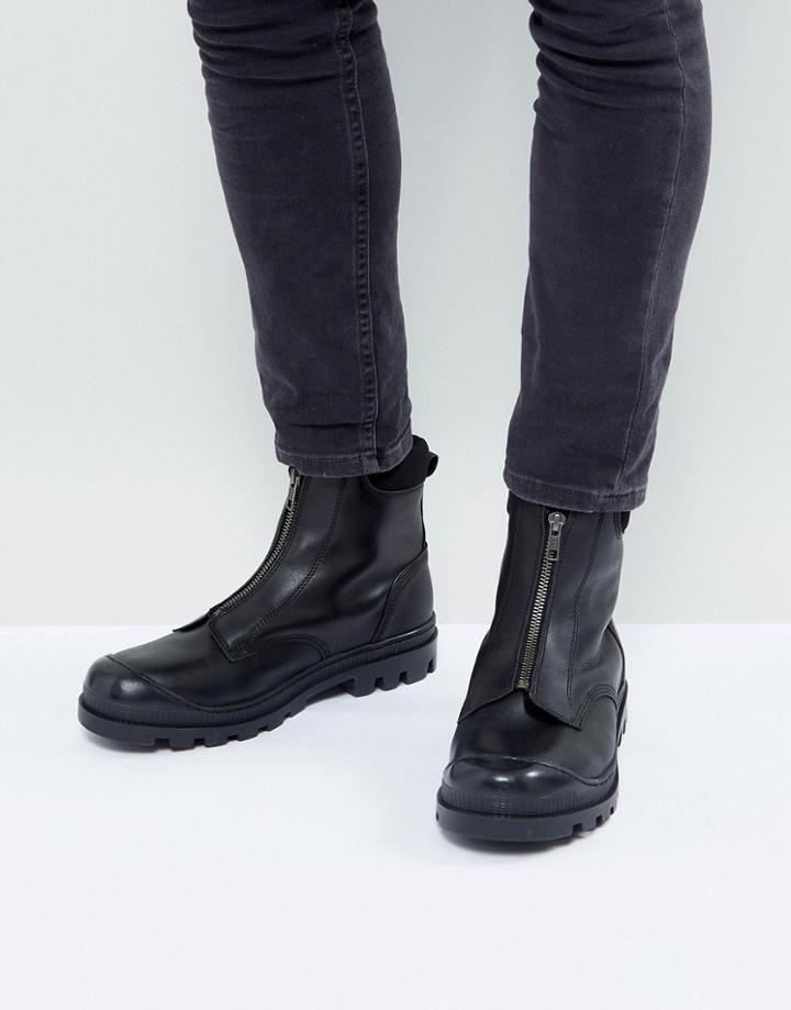 Asos Chelsea Boots In Black Leather With Front Zip Detail And Cleated Sole - Black