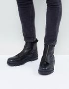 Asos Chelsea Boots In Black Leather With Front Zip Detail And Cleated Sole - Black