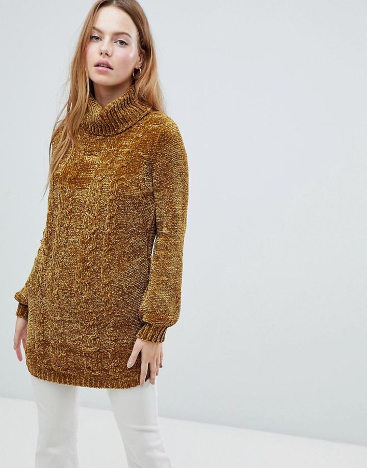 Qed London Chunky Cable Knit Sweater Dress With Roll Neck - Brown