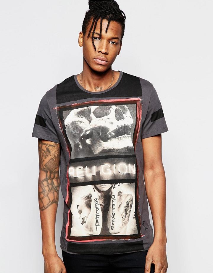 Religion Crew Neck T-shirt With Stripe - Gray