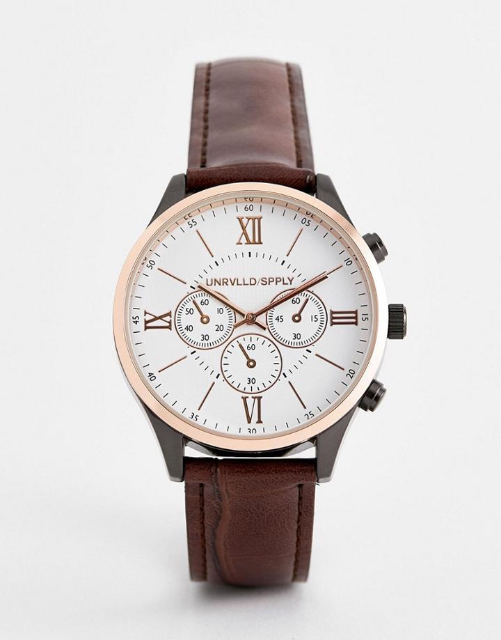 Asos Design Classic Watch With Mixed Metal Finish And Mock Croc Strap In Brown