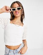 Violet Romance Shirred Crop Top With Broderie Sleeves In White