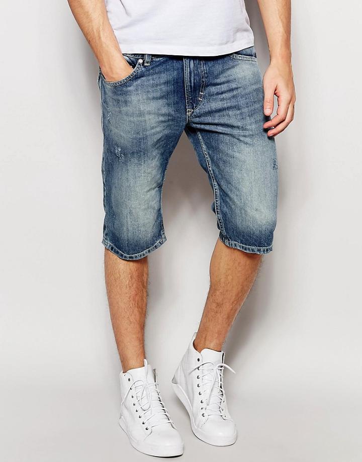 Diesel Denim Shorts Thashort Slim Fit In Light Distress Wash - Light Wash