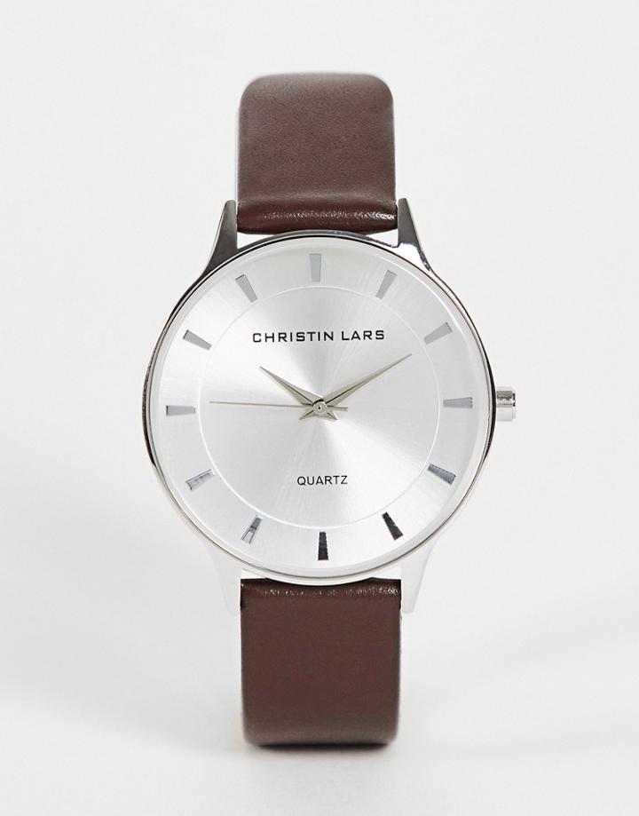 Christian Lars Mens Leather Strap Watch In Tan-silver