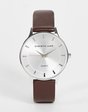 Christian Lars Mens Leather Strap Watch In Tan-silver