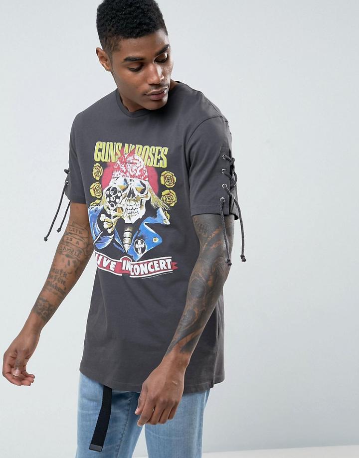 Asos Guns And Roses Relaxed T-shirt With Lace Detail Sleeves - Gray