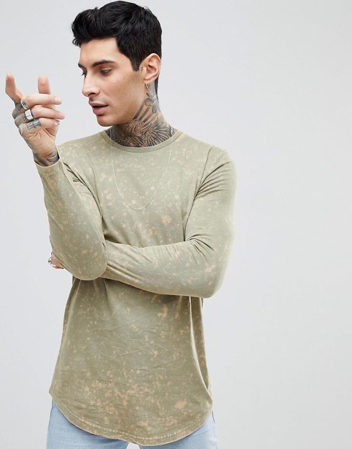Asos Super Longline Long Sleeve T-shirt In Subtle Acid Wash - Beige