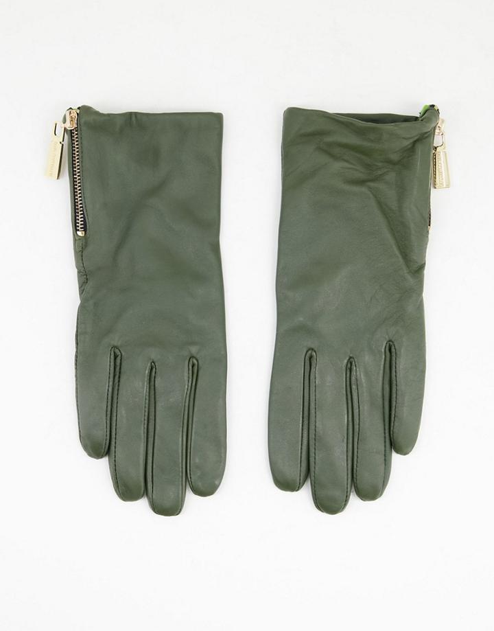 Paul Costelloe Leather Zip Detail Gloves In Dark Green