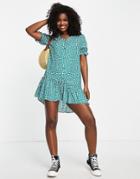 Monki Button Through Mini Dress In Green Flower Print-multi