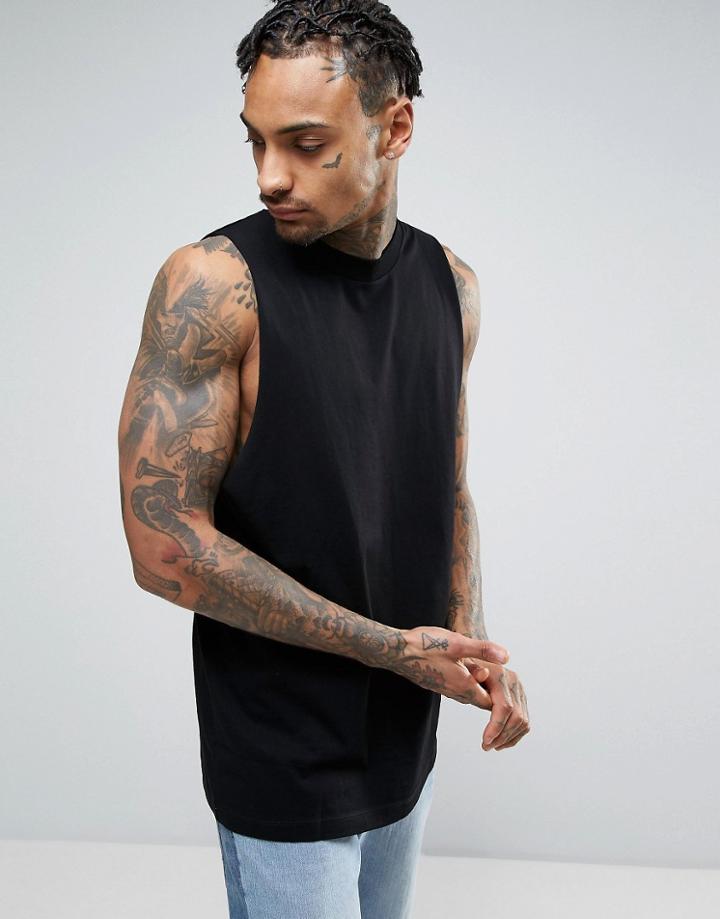 Asos Sleeveless T-shirt With Dropped Armhole And Wide Neck Trim In Black - Black