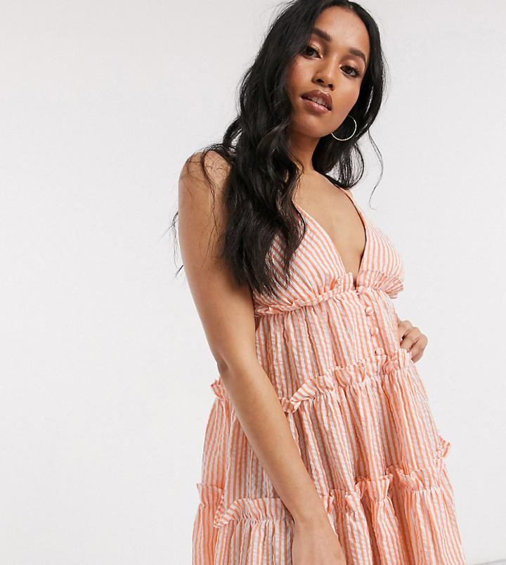 Asos Design Petite Button Front Tiered Mini Sundress In Stripe-multi