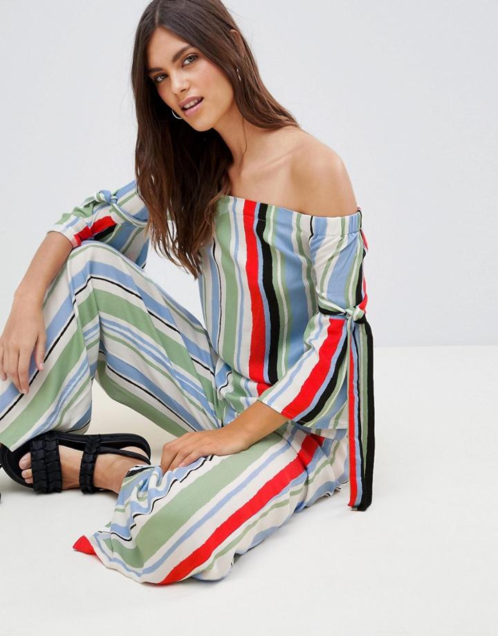 Vila Stripe Off Shoulder Top With Fluted Sleeve-multi