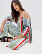 Vila Stripe Off Shoulder Top With Fluted Sleeve-multi