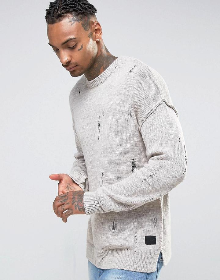 Criminal Damage Sweater With Distressing - Gray