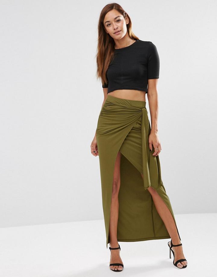 Asos Maxi Skirt With Twist Knot - Khaki