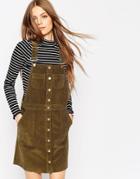 Asos Cord Button Front Overall Dress With Raw Hem In Olive Green - Olive Green