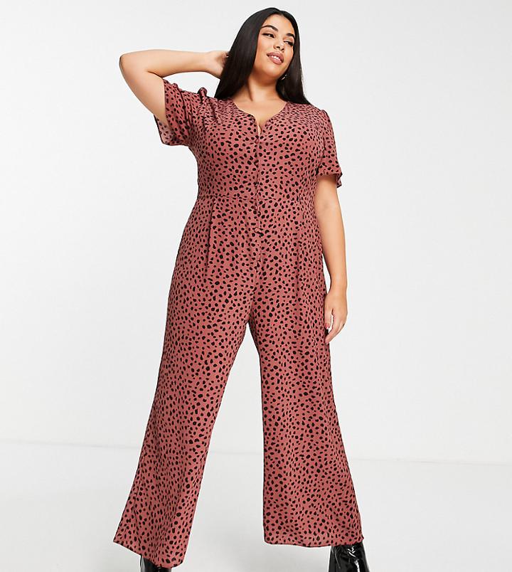 Asos Design Curve Bubble Crepe Tea Button Front Jumpsuit In Burgundy Animal-multi