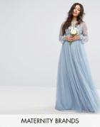 Maya Maternity Long Sleeve Midi Dress With Embellished Sleeves And Tule Skirt - Blue