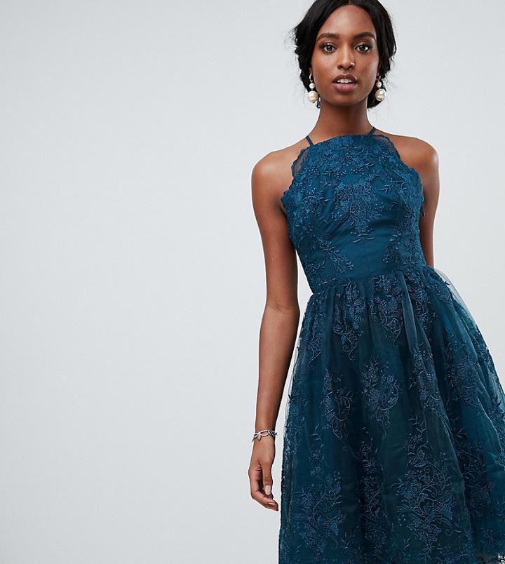Chi Chi London Tall High Neck Scalloped Lace Dress In Green - Green