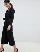 Asos Design Plunge Neck Jumpsuit With Tie Waist And Cullotte Leg - Black