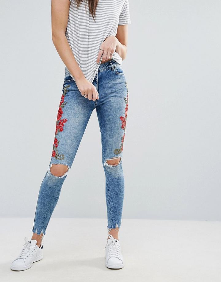 Parisian Rose Embroidered Jeans - Blue